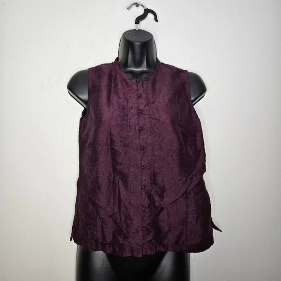 Eileen Fisher 100% Silk Crinkle Blouse Size XS Button Up Sleeveless Purple Top - Picture 1 of 7